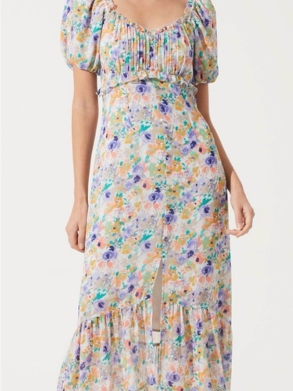 ASTR the Label Pastel Floral Puff-Sleeve Maxi Dress size Med- Faux button front